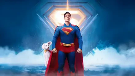8K Ultra HD PC desktop wallpaper: Superman (2025) stands heroically before a glowing emblem, Krypto the dog at his side.