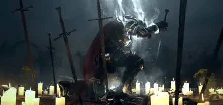 HD PC desktop wallpaper and background: a lone armored fantasy knight kneels among candles and upright swords as ethereal light swirls around the helmet, dark dramatic atmosphere.