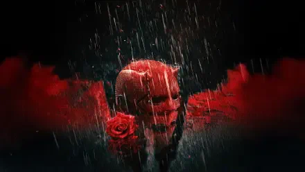 Daredevil: Born Again 5K Ultra HD PC desktop wallpaper — rain-drenched red Daredevil mask emerging from shadows with a red rose and smoky crimson accents.