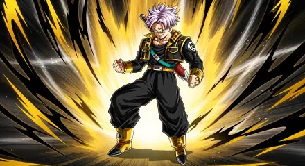 Trunks (Dragon Ball) powered-up, purple-haired, in black battle attire with a radiant golden energy aura — 4K Ultra HD PC desktop wallpaper and background.