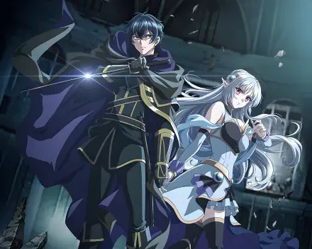 4K Ultra HD PC desktop wallpaper of anime My Status as an Assassin Obviously Exceeds the Hero’s — Akira Oda cloaked with a blade, Amelia Rozequarts with flowing silver hair.