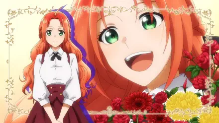 Anime HD PC wallpaper of Melphiera Marchalrayd from Pass the Monster Meat Milady! — red-haired, green-eyed woman smiling in a white blouse and burgundy skirt surrounded by red and yellow flowers