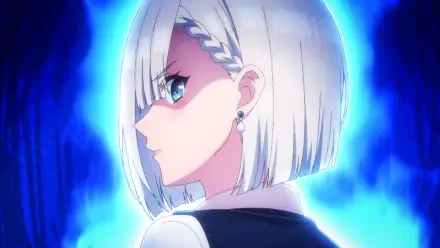 HD anime PC wallpaper of Mashiro Tsukinomori (My Friend's Little Sister Has It In for Me!) — side profile with white bob, braided accent, earring and a glowing blue aura.