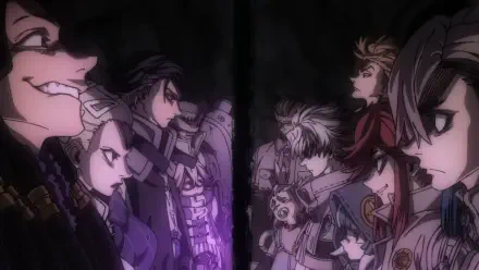 Anime HD PC desktop wallpaper (Gachiakuta): two opposing rows of stylized warriors face off across a dark divide, bathed in moody purple lighting.