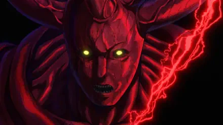 HD PC desktop wallpaper — Anime One-Punch Man: close-up of a red demonic face with glowing yellow eyes and jagged red lightning streaks against a black background.