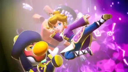 Princess Peach in a purple Showtime! outfit mid-kick beside a penguin companion, surrounded by glowing purple effects — HD PC desktop wallpaper and background
