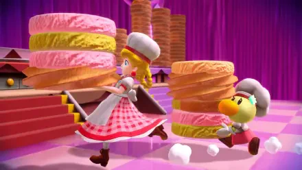 Princess Peach Showtime! HD PC desktop wallpaper and background: Princess Peach in a pink chef dress and a Toad assistant carrying towering layered cakes across a bright pink stage.