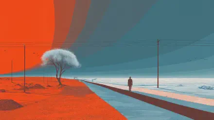 Dual-tone 4K Ultra HD PC desktop wallpaper and background: minimalist coastal scene with lone figure on a road, bleached tree and telephone poles split in orange and teal.