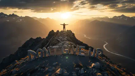 Motivational 4K Ultra HD PC desktop wallpaper: lone figure atop a rocky peak at sunrise, large DON'T GIVE UP letters on the ridge overlooking a winding valley.
