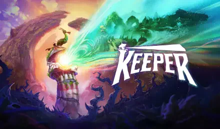 8K Ultra HD PC desktop wallpaper and background for the video game Keeper: a robed keeper atop a spiraling tower fires a turquoise energy beam into a surreal, stormy fantasy landscape.