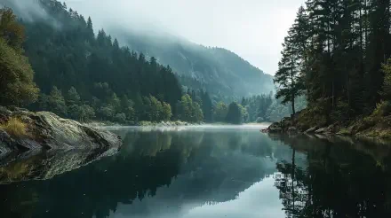 Nature, tranquil lake — 4K Ultra HD PC desktop wallpaper showing a misty mountain valley and evergreen forests mirrored in a glassy lake at dawn.