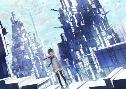 A young character stands amidst towering, abstract structures under a vast sky, depicted in a striking anime style. This HD wallpaper captures a unique and original artistic vision.