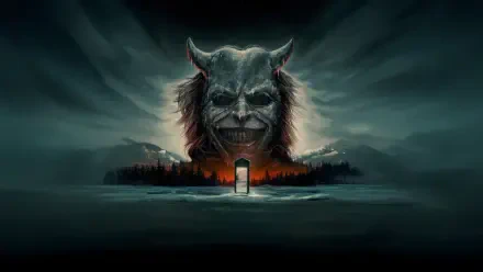 Sinister horned demon looming over a glowing handset on a stormy shoreline — The Black Phone 4K Ultra HD PC desktop wallpaper/background.