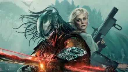 Predator: Badlands 4K Ultra HD PC desktop wallpaper — armored Predator with glowing blades beside a blonde woman holding a rifle in a misty jungle, streaks of red plasma cutting across the scene.