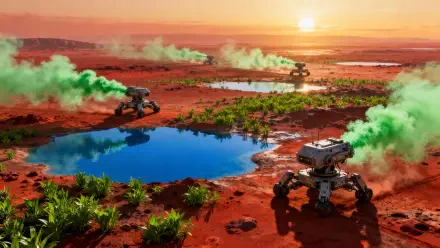 Sci-fi terraforming 4K Ultra HD PC desktop wallpaper — sunset on a red planet as rover walkers emit green vapor, creating lakes and sprouting vegetation.