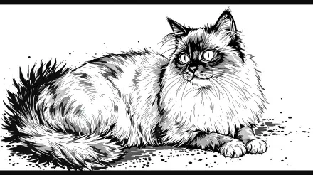 Black-and-white ink illustration of a reclining longhaired Ragdoll cat, rendered for a 2K Quad HD PC desktop wallpaper and background.