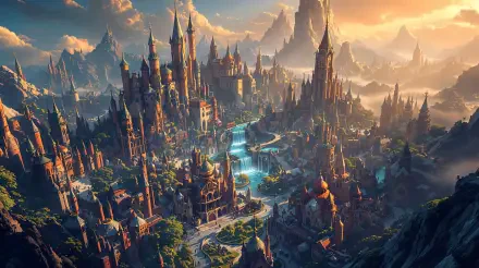 4K Ultra HD PC desktop wallpaper and background: sprawling elven city of spired towers and terraced gardens along a glowing river, nestled in misty mountains at golden sunrise.
