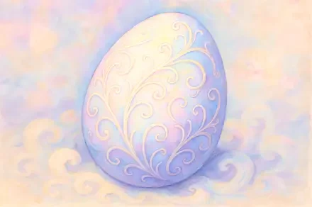 Ornate pastel fantasy egg with flowing filigree swirls resting on soft clouds — 4K Ultra HD PC desktop wallpaper and background.