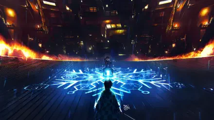 Demon Slayer: Kimetsu no Yaiba 4K Ultra HD PC desktop wallpaper and background: two silhouettes face off above a glowing blue sigil on a wooden floor, encircled by roaring flames in a dark arena.