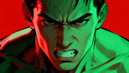 Furious male close-up with green and red lighting, gritted teeth and furrowed brow. 4K Ultra HD PC desktop wallpaper/background, tagged frustrated.