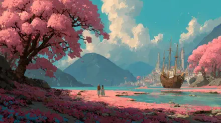 Fantasy wanderlust 4K Ultra HD PC desktop wallpaper: two travelers stand on a pink-flowered shore beneath cherry trees, facing a majestic ship and distant mountain under a turquoise sky.