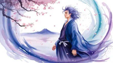 Anime swordsman in flowing blue robes stands amid swirling wind and cherry blossoms by a distant mountain — 4K Ultra HD PC desktop wallpaper and background.
