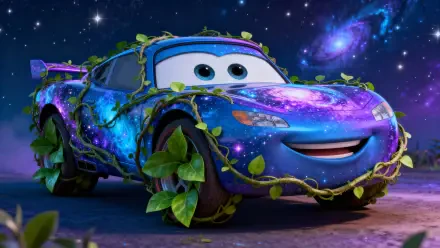 4K Ultra HD PC desktop wallpaper: Lightning McQueen (Cars, Pixar) with galaxy-pattern paint and green vines wrapped around wheels, grinning under a starry cosmic night sky.