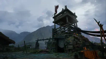 HD PC desktop wallpaper from the video game NORSE: Oath of Blood showing a weathered wooden watchtower before misty mountains and a stormy sky.