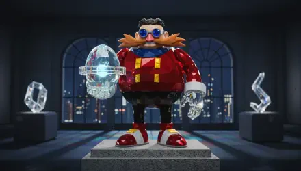 Doctor Eggman figure on a plinth in a dark gallery holding a glowing techno-egg, city skyline through arched windows — 4K Ultra HD PC desktop wallpaper and background.