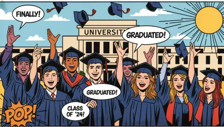 4K Ultra HD PC desktop wallpaper/background: comic-style graduation — graduates in caps and gowns toss caps before a university; speech bubbles: 'Finally', 'Graduated', 'Class of '24'.