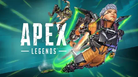 2K Quad HD PC desktop wallpaper of the video game Apex Legends featuring Valkyrie jetpacking forward with Octane leaping behind amid green energy streaks.