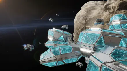 4K Ultra HD PC desktop wallpaper/background: asteroid mining colony with glassy modular habitats attached to a rocky asteroid, small drones and shuttles operating in orbit.