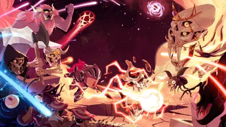 2K Quad HD PC desktop wallpaper for the video game Ball x Pit: armored heroes and monstrous foes clash, firing glowing energy balls and lasers across a fiery, chaotic battlefield.