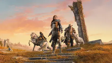 The Elder Scrolls Online video game scene: three armored adventurers with wolves stand among grassy ruins at sunrise — 2K Quad HD PC Desktop Wallpaper and Background.