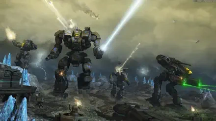 HD PC desktop wallpaper of Battletech video game: towering Mechs in a sci‑fi battle firing lasers and artillery across a stormy, cratered landscape.