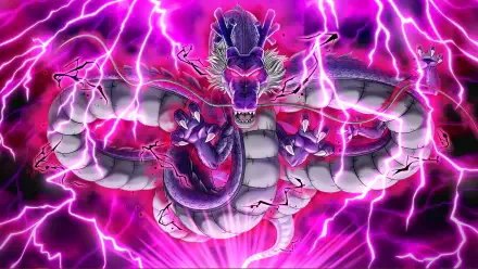 Shenron from Dragon Ball Z/Xenoverse 2 coils amid crackling purple lightning, a dramatic anime scene rendered as a 2K Quad HD PC desktop wallpaper.