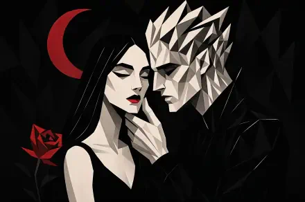 Dark romance 4K Ultra HD PC desktop wallpaper and background: polygonal pale man and black‑haired woman in intimate pose, red crescent moon and rose against a geometric black background.