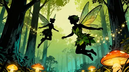 4K Ultra HD PC desktop wallpaper of forest fairies: leaf-clad silhouettes with glowing wings dance among firefly sparks and oversized mushrooms in a misty emerald woodland.
