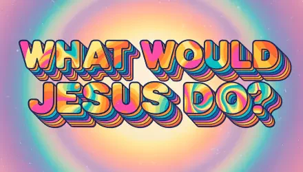 4K Ultra HD PC wallpaper: bold 3D rainbow text WHAT WOULD JESUS DO? set against a glowing pastel concentric rainbow background — religion-themed desktop image.