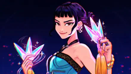 2K Quad HD PC desktop wallpaper of Zoey from the movie KPop Demon Hunters: stylized heroine in a turquoise outfit holding glowing crystal fans against a neon-dark background.