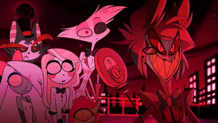 Red-toned Hazbin Hotel HD PC desktop wallpaper/background featuring Alastor, Vaggie, and Angel Dust in a stylized, ominous group scene.