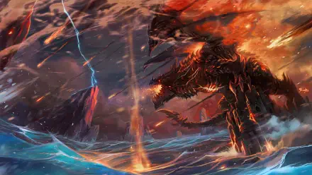World of Warcraft fantasy art: sorcerer duels a fiery dragon amid lightning and storm-tossed seas — 2K Quad HD PC desktop wallpaper and background.