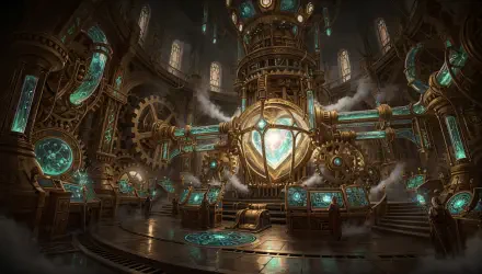 Fantasy engine room: ornate brass gears, glowing teal cores surrounding a central heart-shaped engine in a vast hall — 4K Ultra HD PC desktop wallpaper/background.