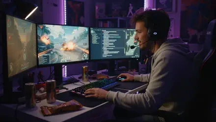 Gamer at an RGB-lit desk wearing a headset, using a triple-monitor PC setup showing an intense video game and chat, 4K Ultra HD PC desktop wallpaper and background.
