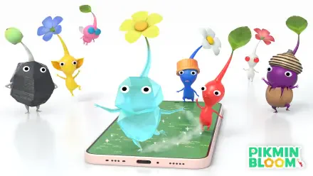 Colorful Pikmin characters spring from a smartphone onto a leafy screen, bright HD PC desktop wallpaper and background showing red, blue, yellow, purple and rock Pikmin.