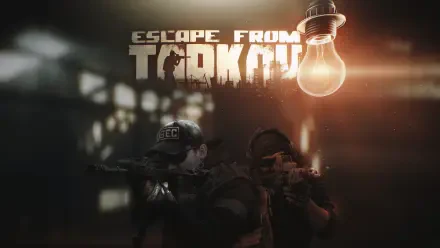 Escape from Tarkov gaming art: two armed PMC operators under a hanging light bulb in a gritty, shadowed scene — 2K Quad HD PC desktop wallpaper/background.