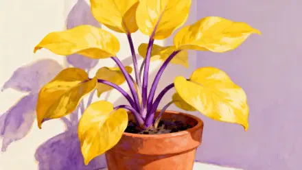 Yellow-leaf houseplant in a terracotta pot on a soft purple backdrop — 4K Ultra HD PC desktop wallpaper and background.