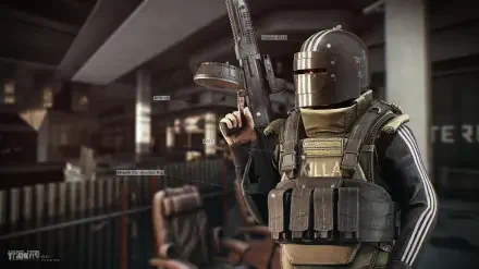 HD PC desktop wallpaper: video game Escape from Tarkov FPS scene with an armored PMC holding a rifle in a dim industrial interior.