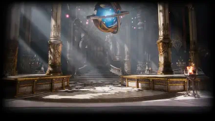 Aion 2 video game 2K Quad HD PC desktop wallpaper: a sunlit, ornate hall with tall columns, marble steps and a floating blue planetary orb suspended above the chamber.