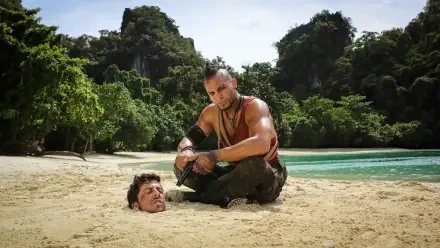Far Cry (TV Show) scene — muscular man crouches on a tropical beach beside a buried head, lush jungle and turquoise sea; HD PC desktop wallpaper/background.